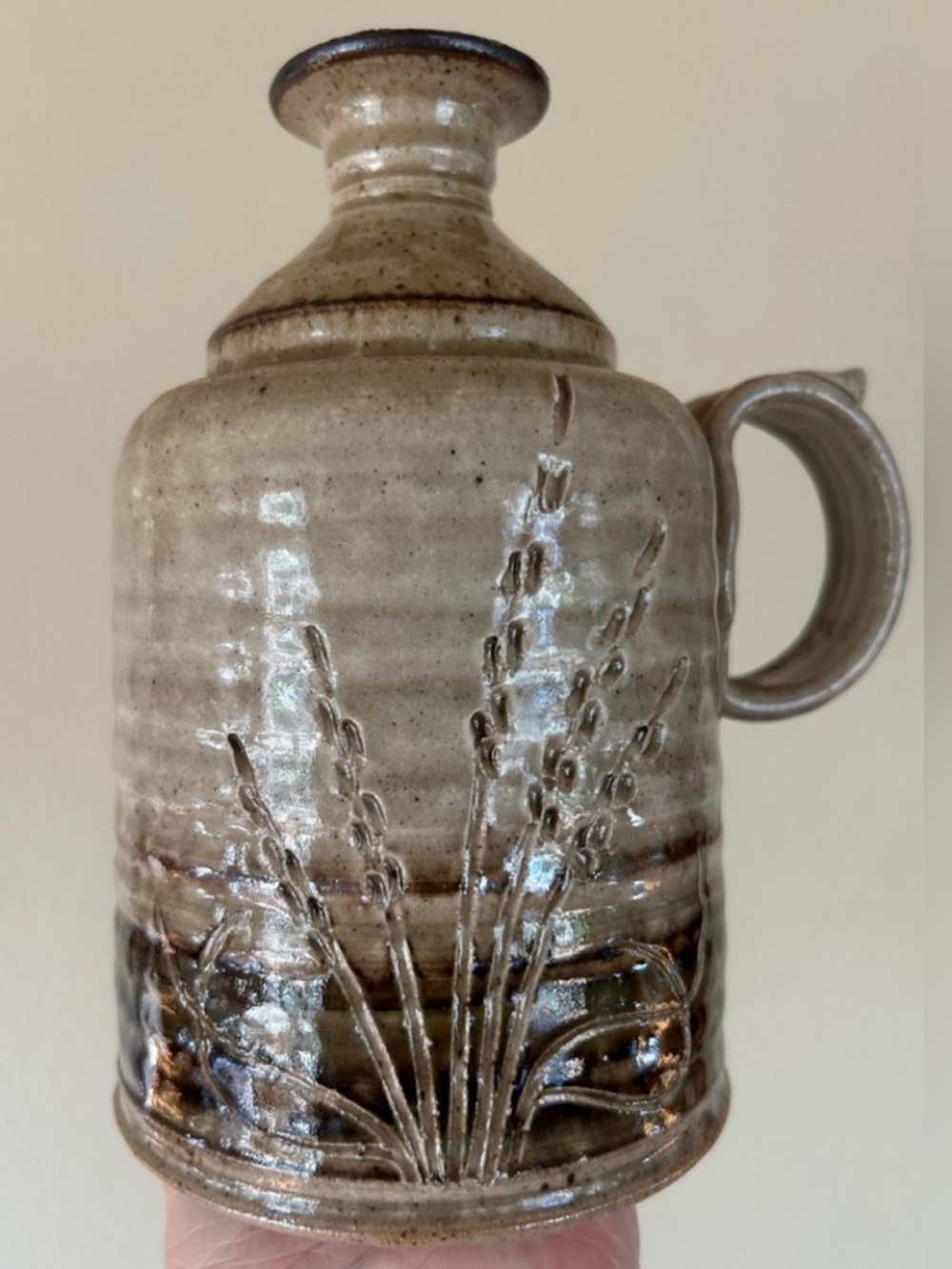 American Studio Pottery Oil Lamp, Jug, Vase Wheat Design Artist Signed 1970’s